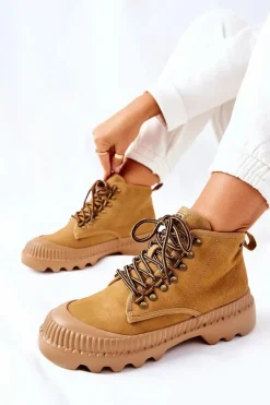 Damskie Trapery|Botki Sznurowane>Big Star Shoes Skórzane Trapery Botki Big Star II274366 Camel