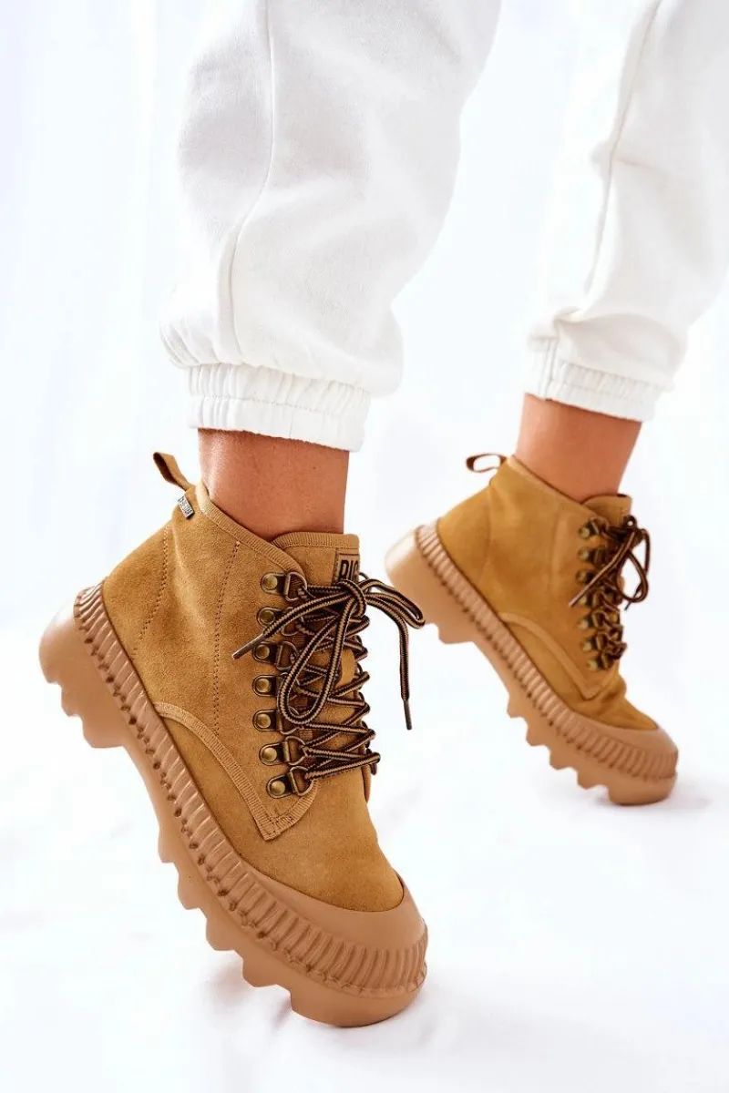 Damskie Trapery|Botki Sznurowane>Big Star Shoes Skórzane Trapery Botki Big Star II274366 Camel