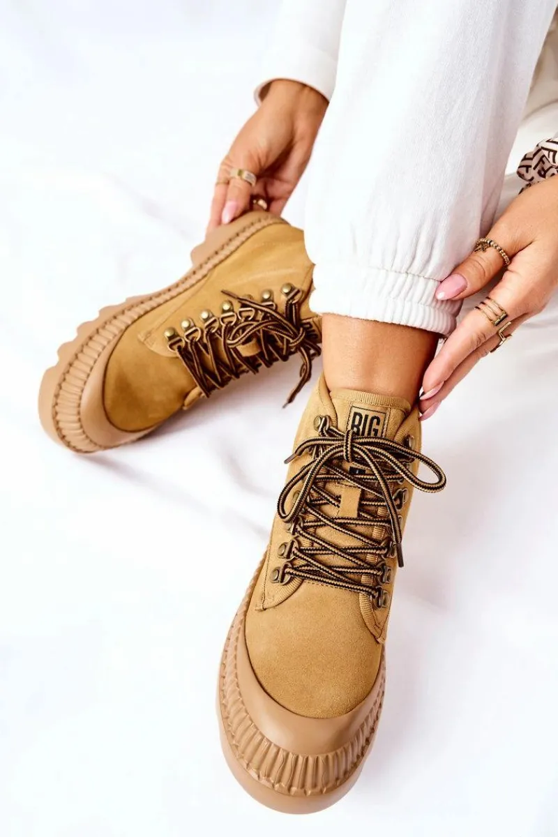 Damskie Trapery|Botki Sznurowane>Big Star Shoes Skórzane Trapery Botki Big Star II274366 Camel