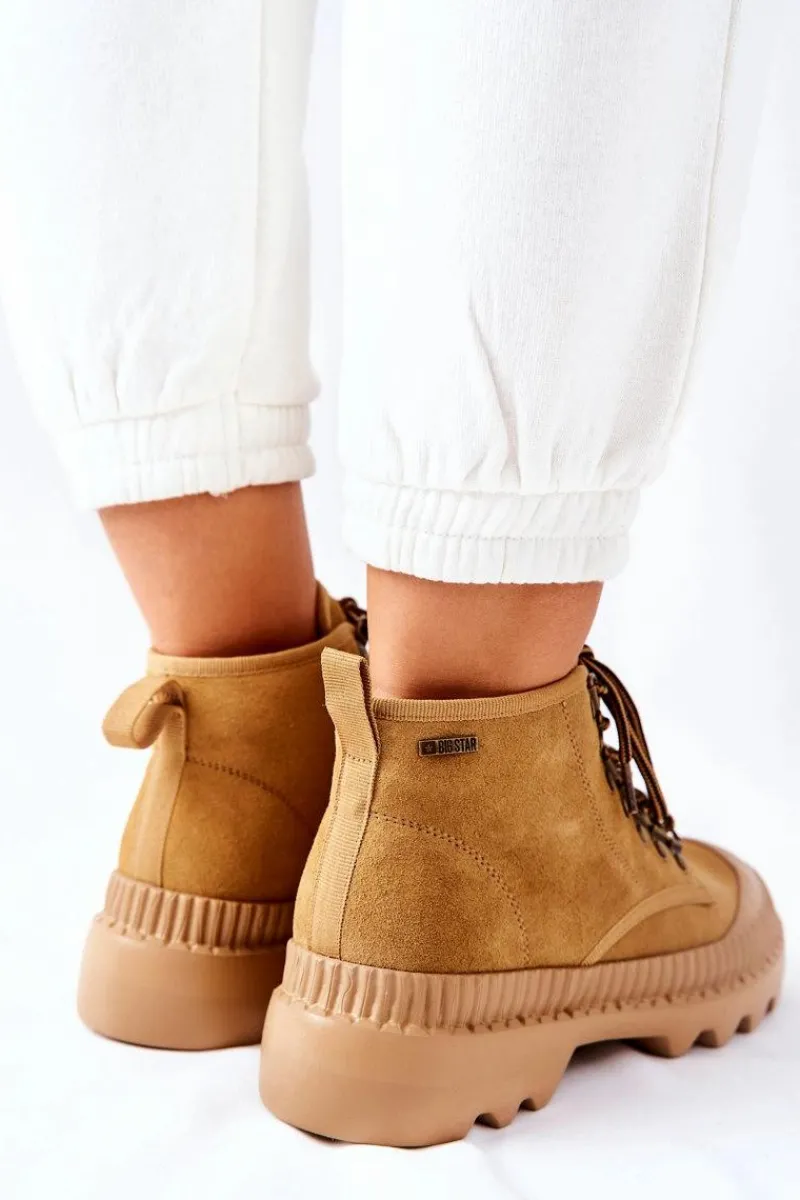 Damskie Trapery|Botki Sznurowane>Big Star Shoes Skórzane Trapery Botki Big Star II274366 Camel