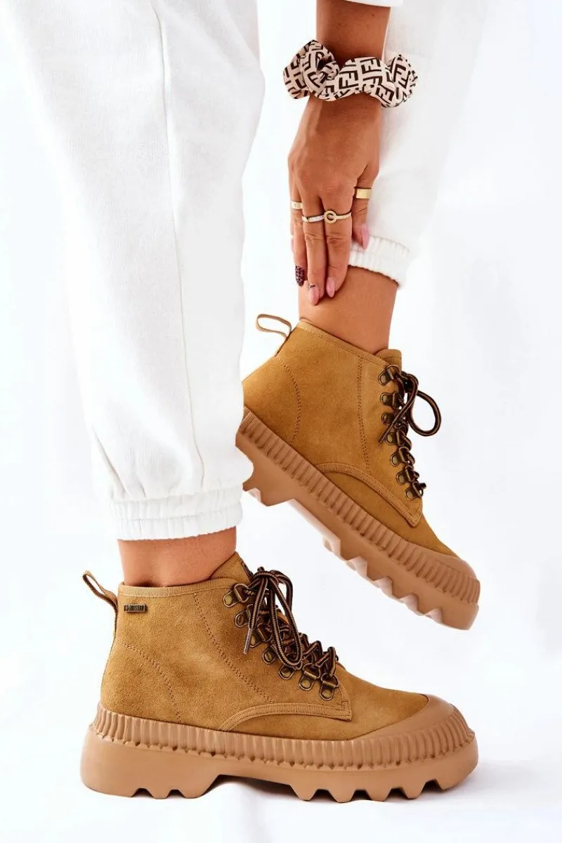 Damskie Trapery|Botki Sznurowane>Big Star Shoes Skórzane Trapery Botki Big Star II274366 Camel