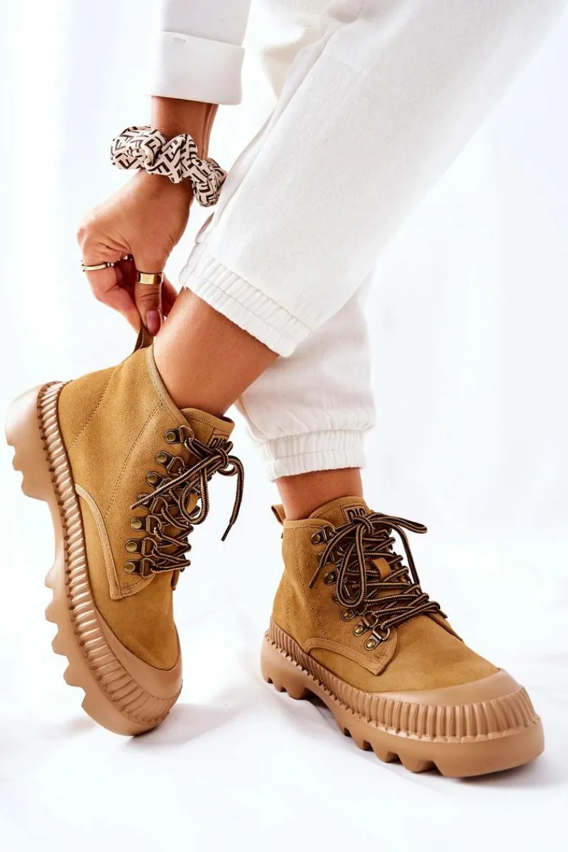 Damskie Trapery|Botki Sznurowane>Big Star Shoes Skórzane Trapery Botki Big Star II274366 Camel