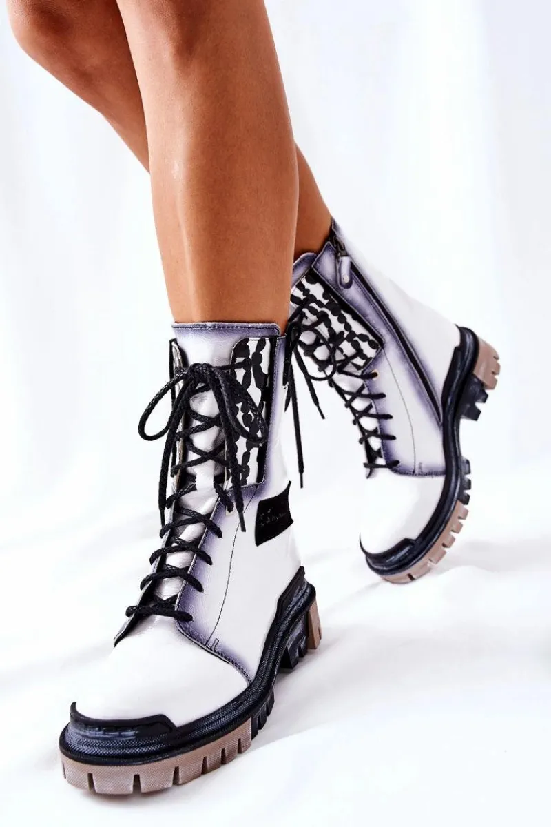 Outlet Skórzane Trzewiki Botki Ocieplane Białe 05113-11 Damskie Botki Maciejka|Botki Sznurowane