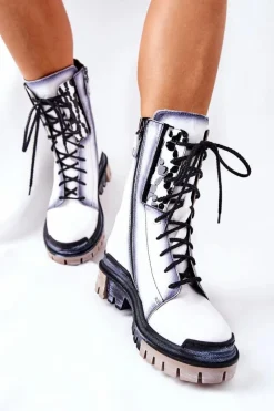 Outlet Skórzane Trzewiki Botki Ocieplane Białe 05113-11 Damskie Botki Maciejka|Botki Sznurowane