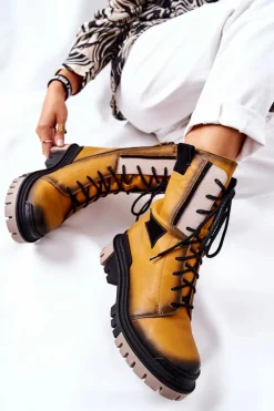 Discount Maciejka Skórzane Trzewiki Botki Ocieplane Żółte 05113-07