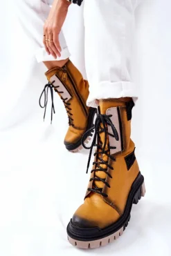 Discount Maciejka Skórzane Trzewiki Botki Ocieplane Żółte 05113-07