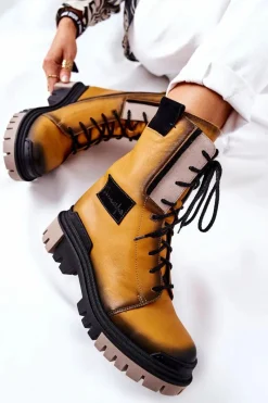 Discount Maciejka Skórzane Trzewiki Botki Ocieplane Żółte 05113-07