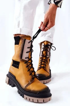 Discount Maciejka Skórzane Trzewiki Botki Ocieplane Żółte 05113-07