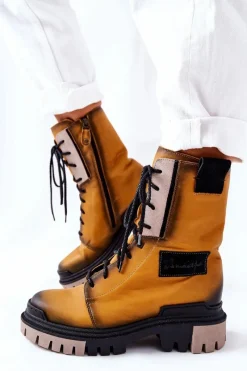 Discount Maciejka Skórzane Trzewiki Botki Ocieplane Żółte 05113-07