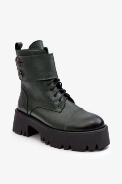 Clearance Boto Skórzane Workery Botki Damskie Zielone Lemar Anceria Zielony