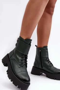 Clearance Boto Skórzane Workery Botki Damskie Zielone Lemar Anceria Zielony