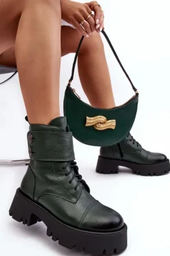 Clearance Boto Skórzane Workery Botki Damskie Zielone Lemar Anceria Zielony