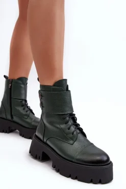 Clearance Boto Skórzane Workery Botki Damskie Zielone Lemar Anceria Zielony