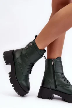 Clearance Boto Skórzane Workery Botki Damskie Zielone Lemar Anceria Zielony