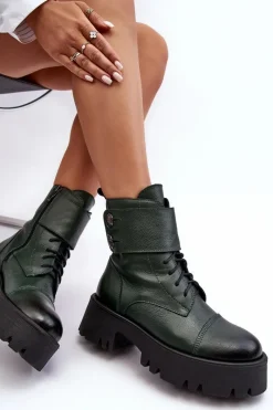Clearance Boto Skórzane Workery Botki Damskie Zielone Lemar Anceria Zielony