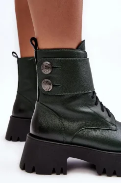 Clearance Boto Skórzane Workery Botki Damskie Zielone Lemar Anceria Zielony