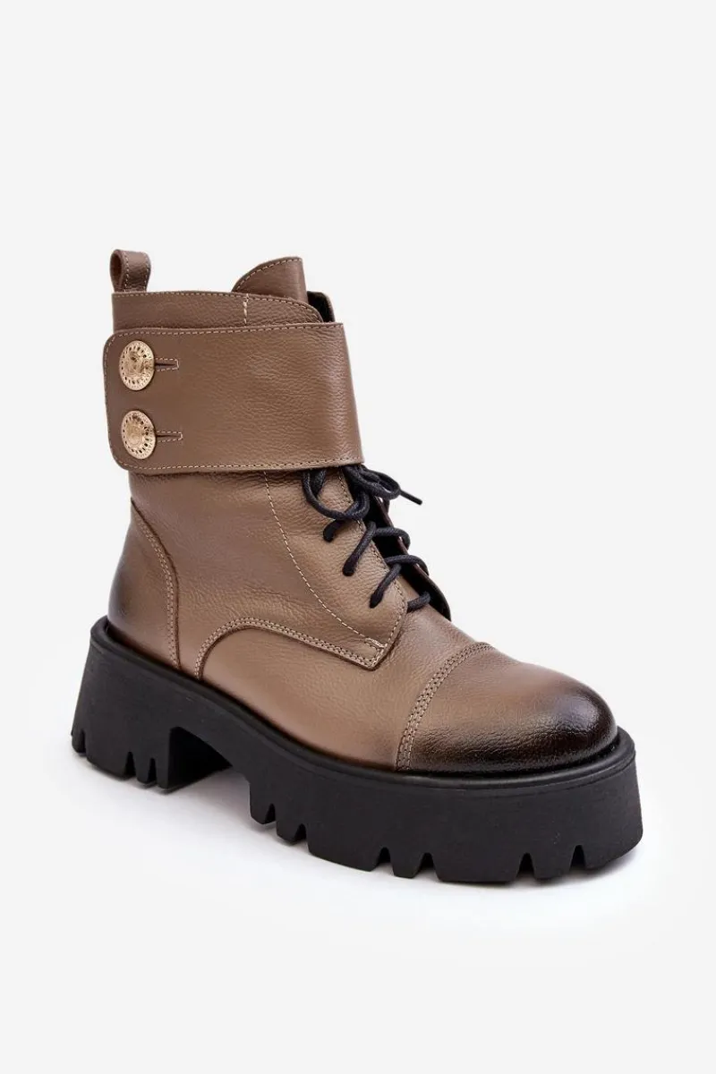 Outlet Skórzane Workery Botki Damskie Beżowe Lemar Anceria Damskie Botki Skórzane|Botki Zimowe Damskie