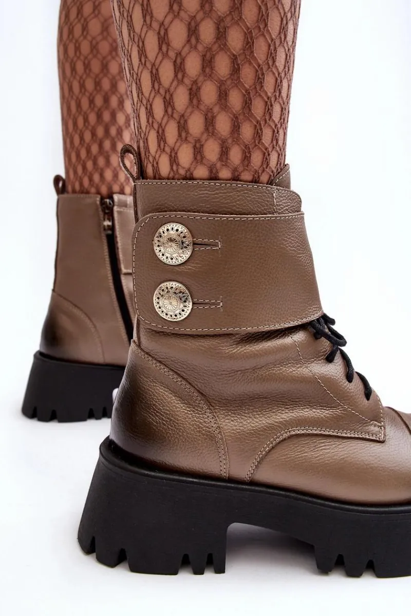 Outlet Skórzane Workery Botki Damskie Beżowe Lemar Anceria Damskie Botki Skórzane|Botki Zimowe Damskie