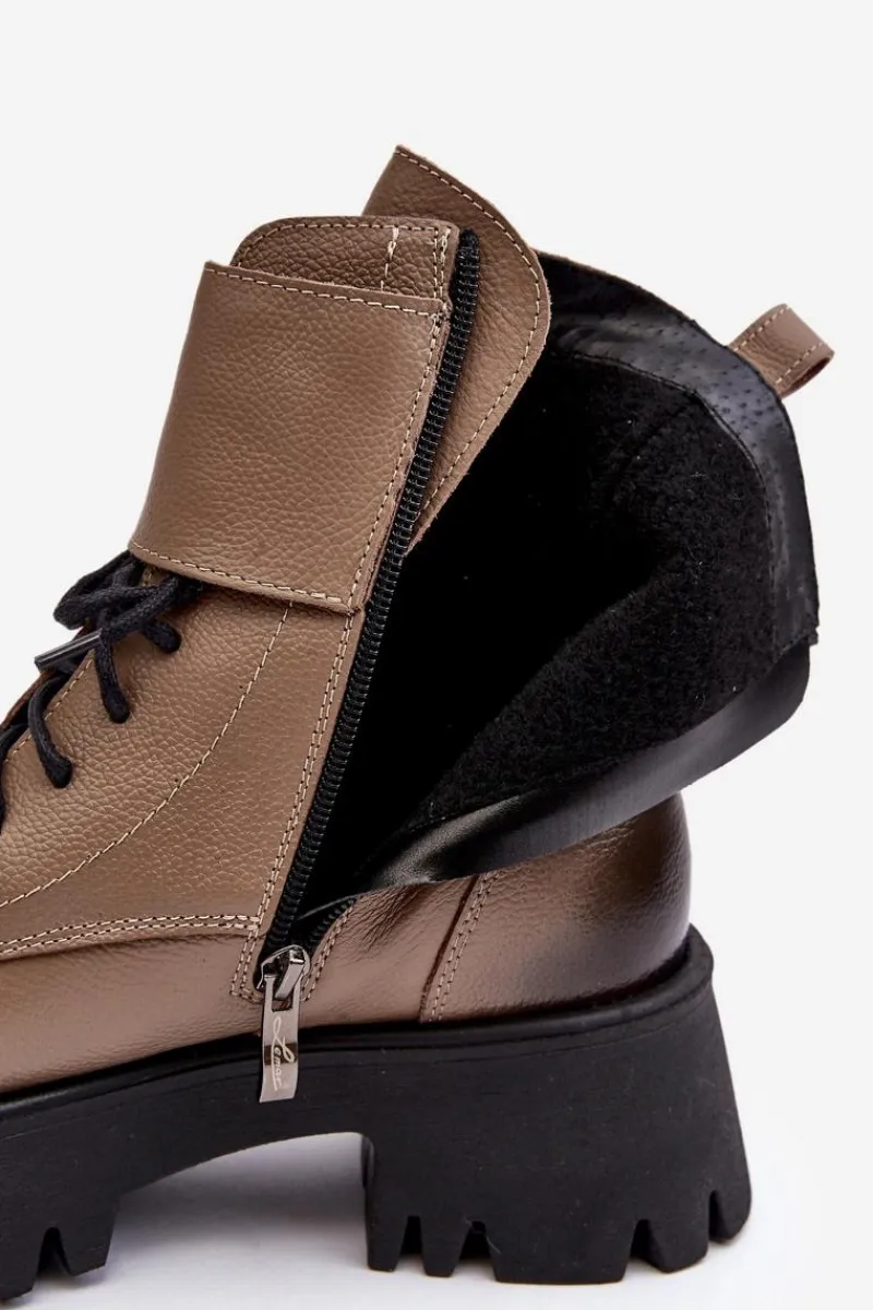 Outlet Skórzane Workery Botki Damskie Beżowe Lemar Anceria Damskie Botki Skórzane|Botki Zimowe Damskie