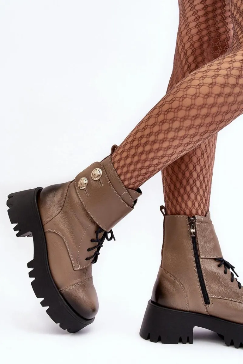 Outlet Skórzane Workery Botki Damskie Beżowe Lemar Anceria Damskie Botki Skórzane|Botki Zimowe Damskie