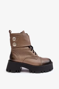 Outlet Skórzane Workery Botki Damskie Beżowe Lemar Anceria Damskie Botki Skórzane|Botki Zimowe Damskie