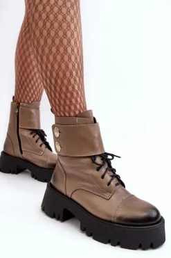 Outlet Skórzane Workery Botki Damskie Beżowe Lemar Anceria Damskie Botki Skórzane|Botki Zimowe Damskie