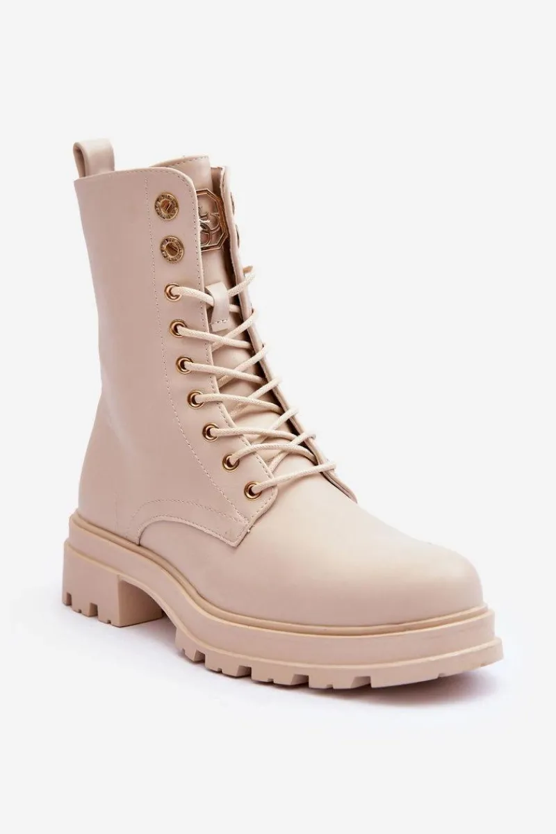 Botki Płaskie|Botki Workery>Boto Skórzane Workery Botki Z Ozdobą Beżowe Yemannis