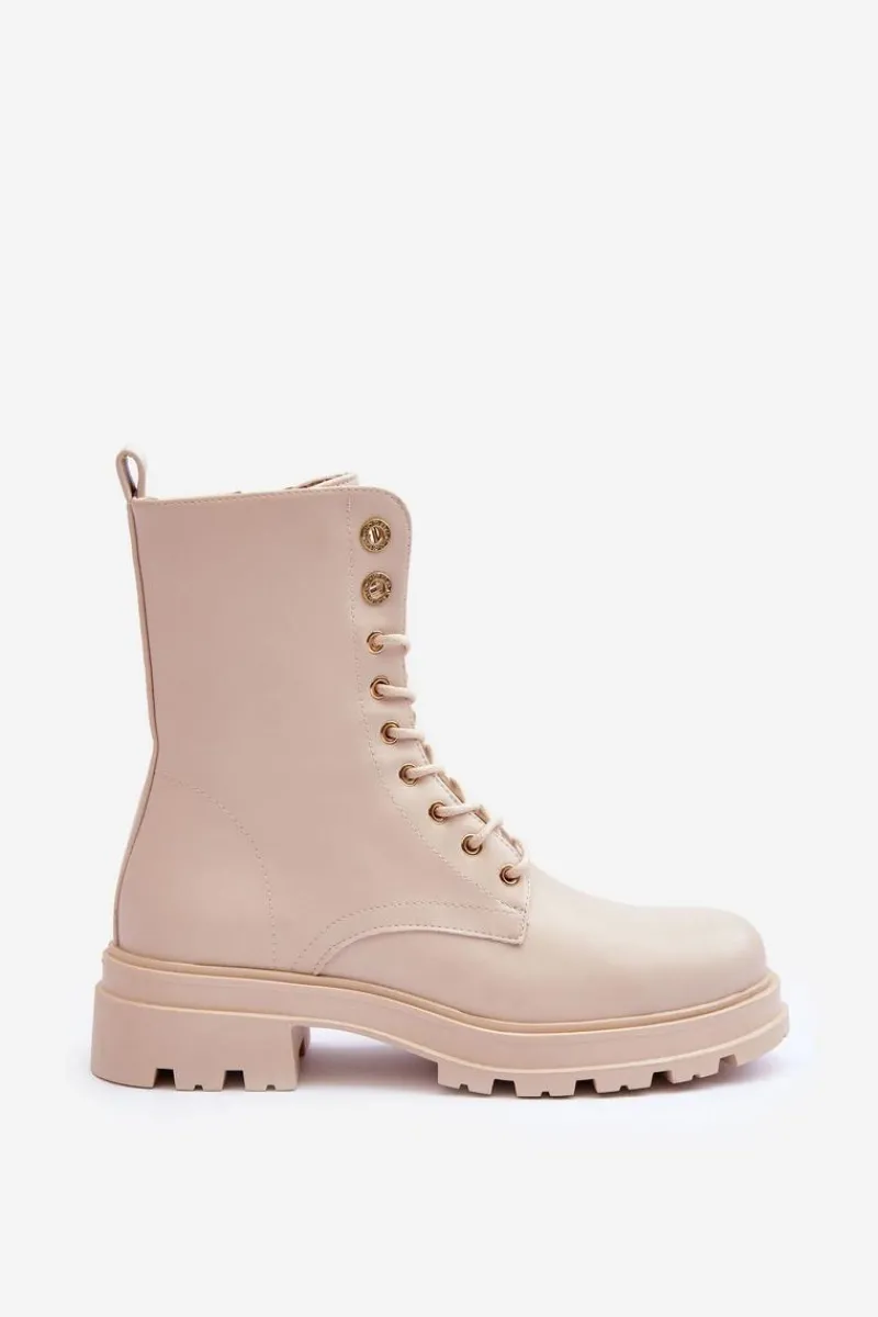 Botki Płaskie|Botki Workery>Boto Skórzane Workery Botki Z Ozdobą Beżowe Yemannis