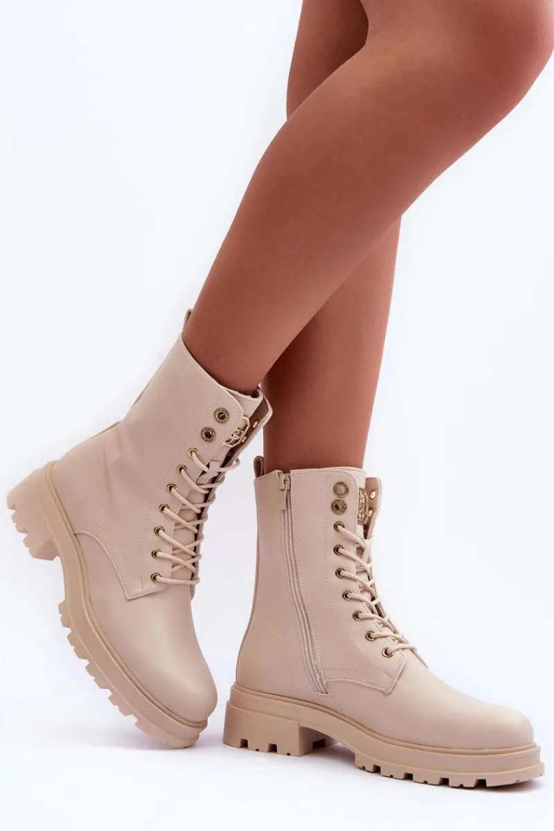 Botki Płaskie|Botki Workery>Boto Skórzane Workery Botki Z Ozdobą Beżowe Yemannis