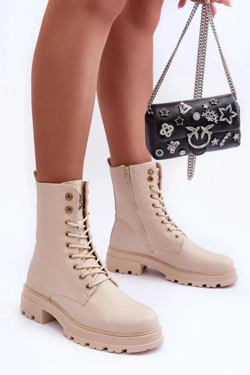 Botki Płaskie|Botki Workery>Boto Skórzane Workery Botki Z Ozdobą Beżowe Yemannis