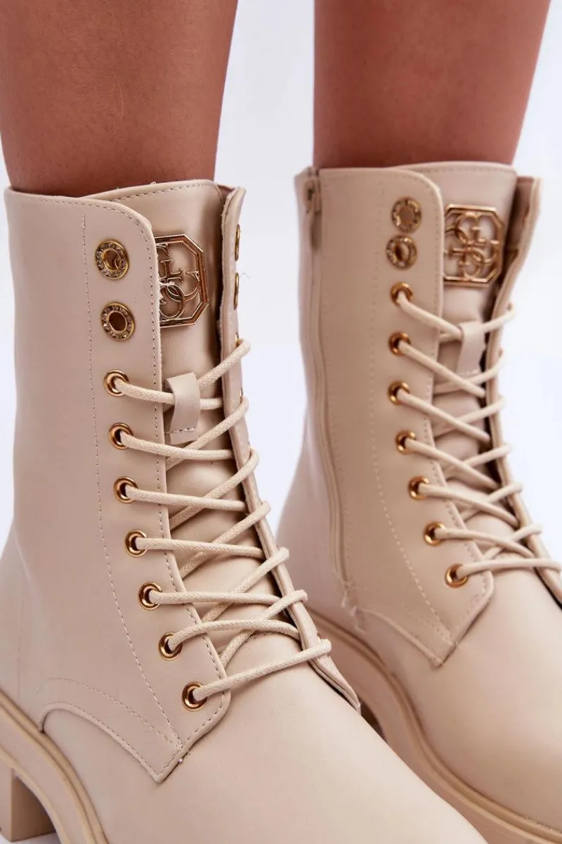 Botki Płaskie|Botki Workery>Boto Skórzane Workery Botki Z Ozdobą Beżowe Yemannis