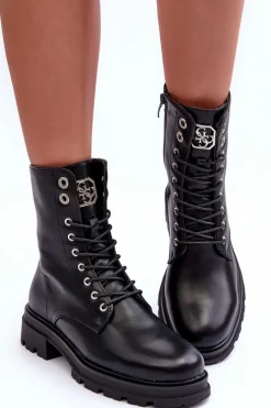 Discount Skórzane Workery Botki Z Ozdobą Czarne Yemannis Damskie Botki Płaskie|Botki Workery