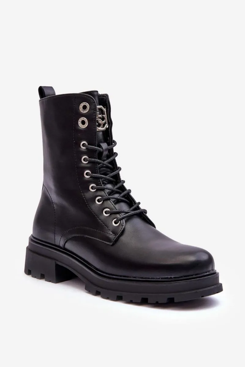 Discount Skórzane Workery Botki Z Ozdobą Czarne Yemannis Damskie Botki Płaskie|Botki Workery