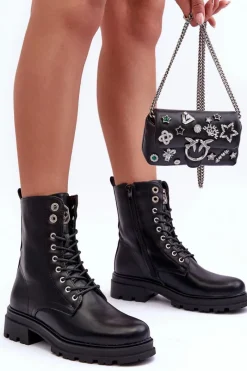 Discount Skórzane Workery Botki Z Ozdobą Czarne Yemannis Damskie Botki Płaskie|Botki Workery