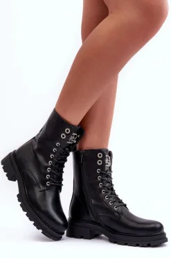 Discount Skórzane Workery Botki Z Ozdobą Czarne Yemannis Damskie Botki Płaskie|Botki Workery