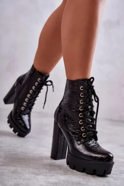 New Skórzane Wężowe Botki Na Wysokim Obcasie Czarne Madly Damskie Botki Sznurowane|Botki Na Słupku