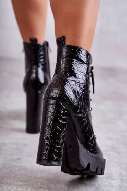 New Skórzane Wężowe Botki Na Wysokim Obcasie Czarne Madly Damskie Botki Sznurowane|Botki Na Słupku