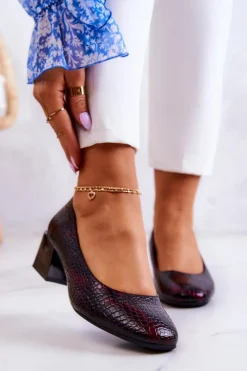 New Skórzane Wężowe Czółenka Bordowe Mesquite Damskie Czółenka Na Słupku