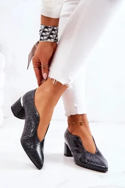 Best Skórzane Wężowe Czółenka Ciemnoszare Alissa Damskie Czółenka Na Słupku