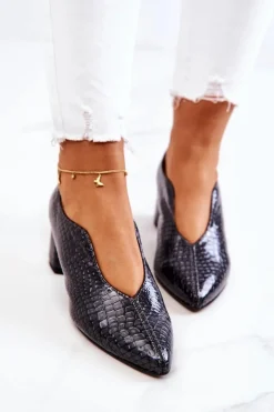 Best Skórzane Wężowe Czółenka Ciemnoszare Alissa Damskie Czółenka Na Słupku