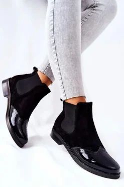 Czarne Botki|Botki Zimowe Damskie>Laura Messi Skórzane Wsuwane Botki Czarne 2096