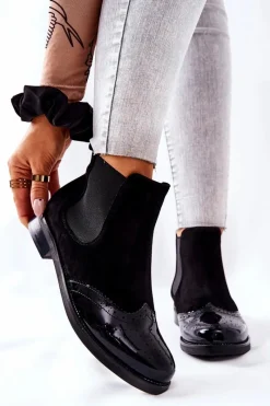 Czarne Botki|Botki Zimowe Damskie>Laura Messi Skórzane Wsuwane Botki Czarne 2096