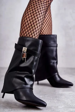 Skórzane Wsuwane Kozaki Na Szpilce Czarne Steffi Damskie Kozaki Wiosenne|Kozaki Przed Kolano