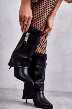 Skórzane Wsuwane Kozaki Na Szpilce Czarne Steffi Damskie Kozaki Wiosenne|Kozaki Przed Kolano