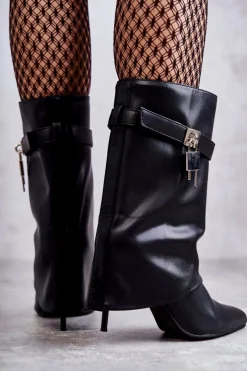 Skórzane Wsuwane Kozaki Na Szpilce Czarne Steffi Damskie Kozaki Wiosenne|Kozaki Przed Kolano