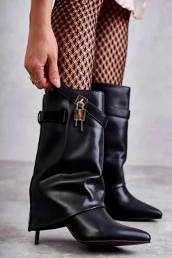 Skórzane Wsuwane Kozaki Na Szpilce Czarne Steffi Damskie Kozaki Wiosenne|Kozaki Przed Kolano