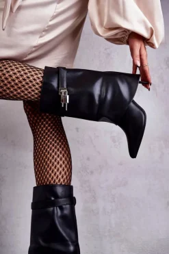 Skórzane Wsuwane Kozaki Na Szpilce Czarne Steffi Damskie Kozaki Wiosenne|Kozaki Przed Kolano