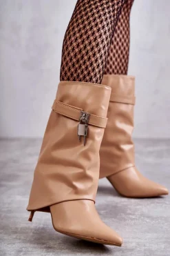 Hot Skórzane Wsuwane Kozaki Na Szpilce Beżowe Steffi Damskie Kozaki Wiosenne|Kozaki Na Szpilce