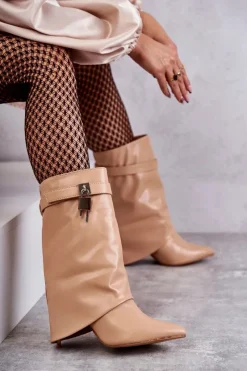 Hot Skórzane Wsuwane Kozaki Na Szpilce Beżowe Steffi Damskie Kozaki Wiosenne|Kozaki Na Szpilce