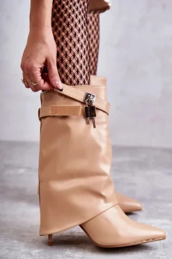 Hot Skórzane Wsuwane Kozaki Na Szpilce Beżowe Steffi Damskie Kozaki Wiosenne|Kozaki Na Szpilce